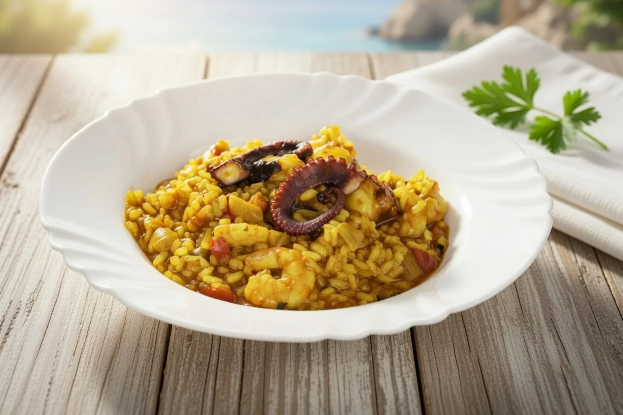 Arroz con pulpo y langostinos – Plato saludable, meloso y mediterráneo