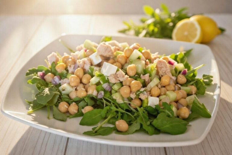 Ensalada de Garbanzos Saludable con Feta y Atún