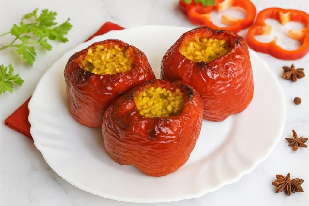 Pimientos rellenos de arroz y secreto de cerdo