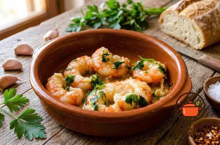 Cazuela de gambas al ajillo saludable