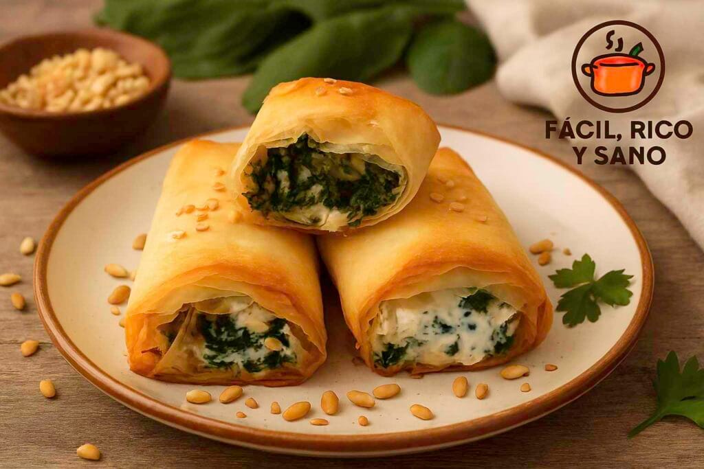 Rollitos de masa brick y espinacas saludables