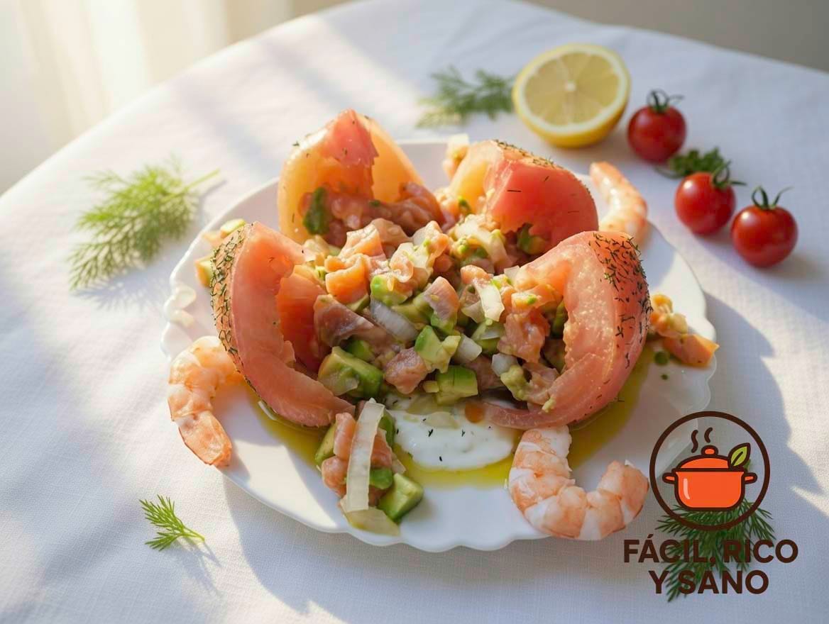 Tomate con relleno sorpresa de aguacate y salmón ahumado