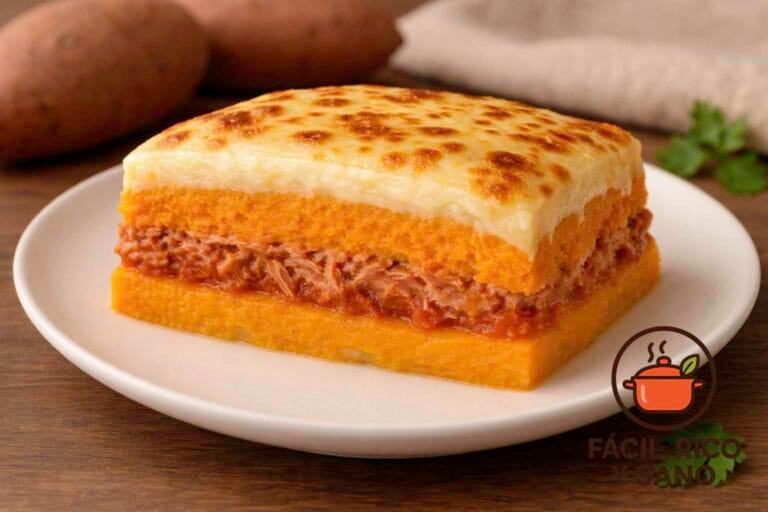 Pastel de boniato, patata y atún, con queso gratinado