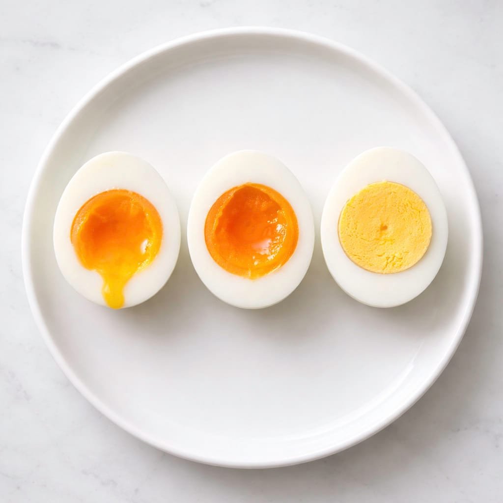 Tres huevos cocidos cortados por la mitad en un plato blanco mostrando diferentes puntos de cocción de la yema: líquida, melosa y firme.