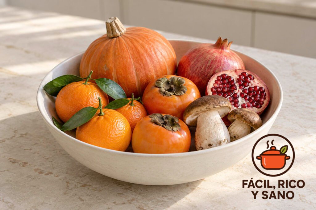 Bol con calabaza, mandarinas, caquis, granada y boletus, frutas y verduras de temporada de otoño