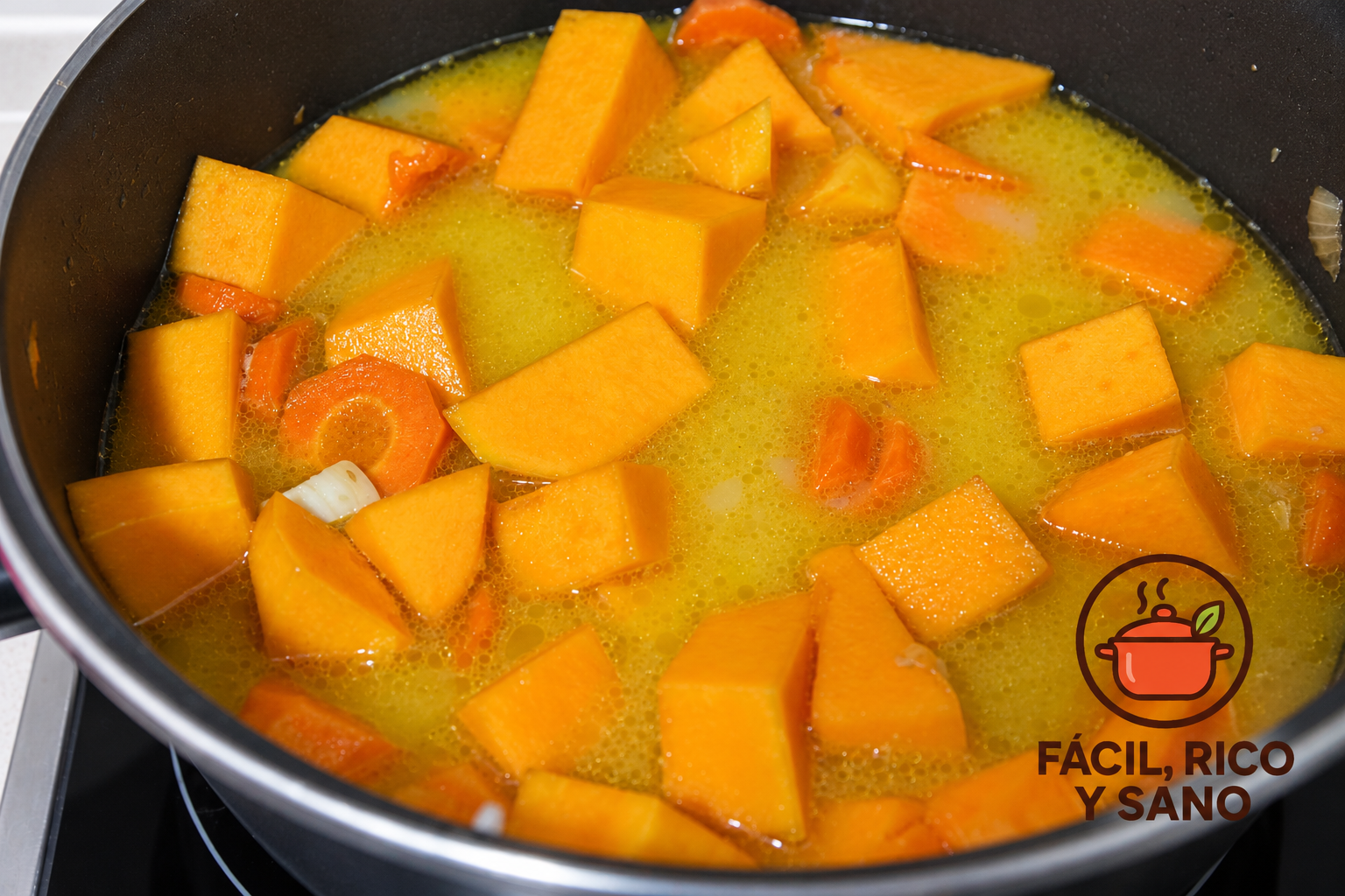 Calabaza y zanahoria cubiertas de caldo de verduras cociendo en la olla