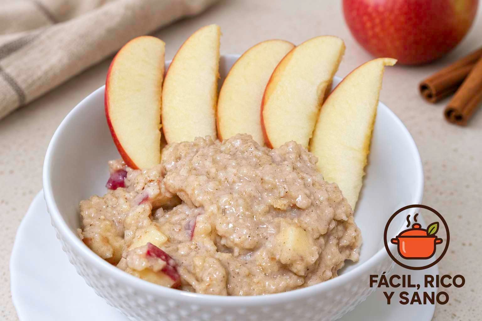 Gachas de avena con manzana y canela en un cuenco blanco, con gajos de manzana por encima