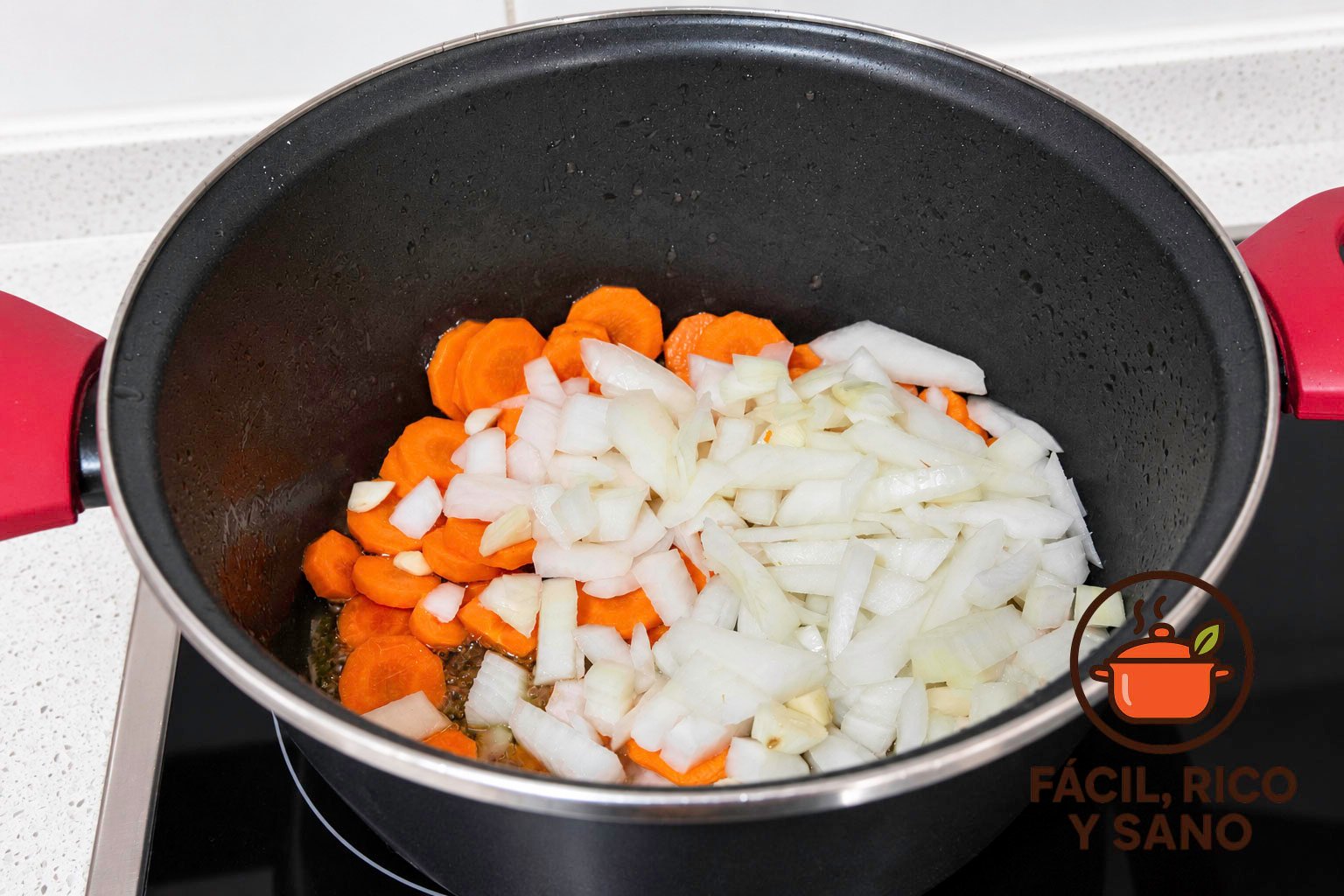 Cebolla picada, ajo y zanahoria en rodajas en la cazuela para el sofrito del estofado