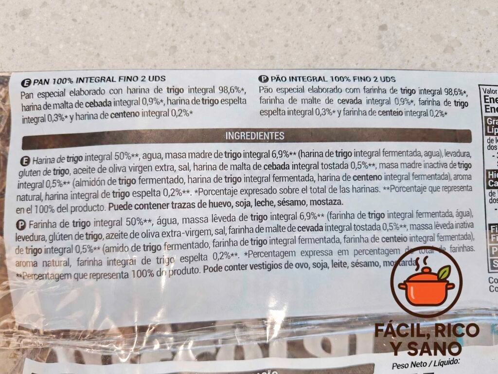 Pan 100 % integral envasado, con la palabra integral en el frontal