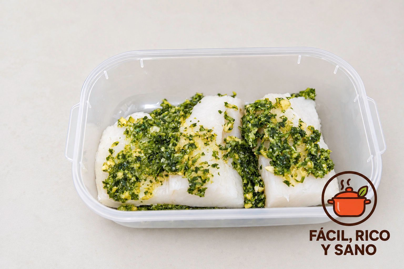 Lomos de bacalao cubiertos con picada de ajo, perejil y aceite de oliva, macerando en un recipiente antes de cocinarlos en la air fryer
