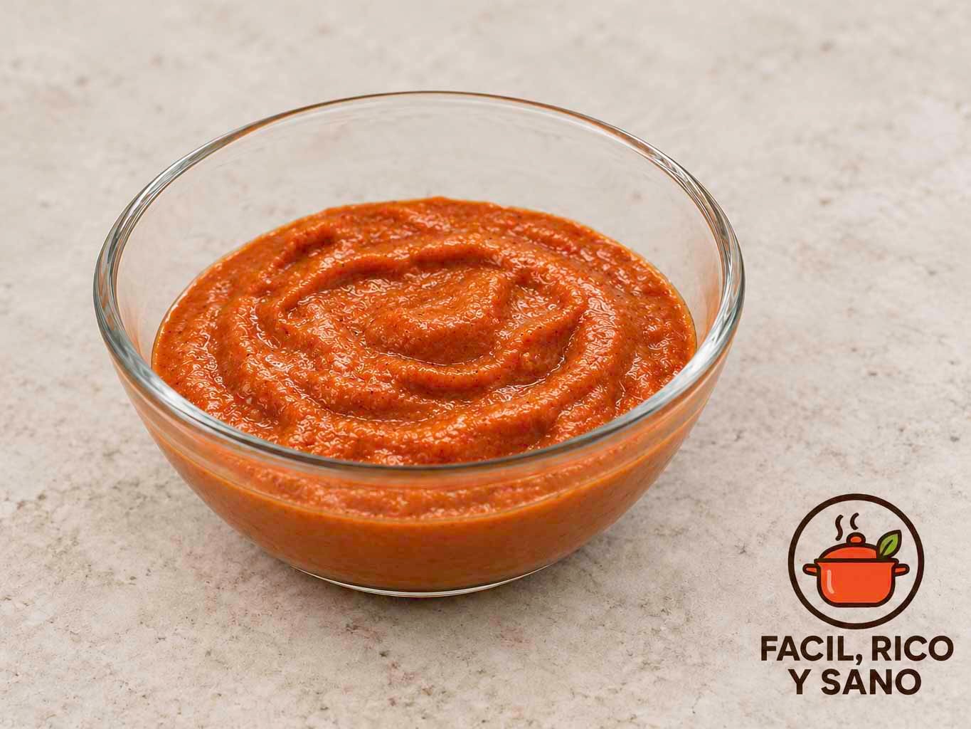 Salsa romesco casera de pimiento asado y almendras en un cuenco