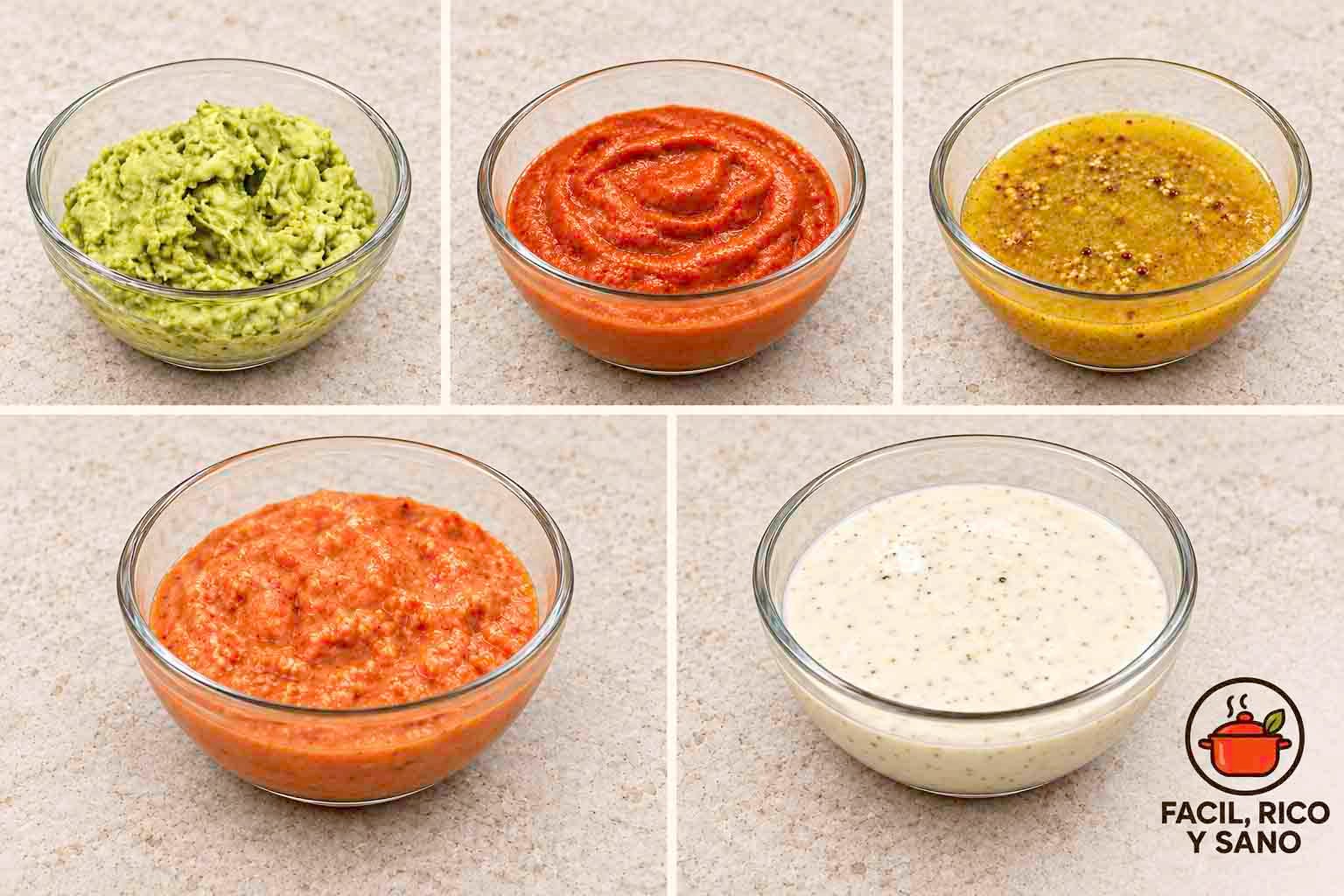 Tres salsas caseras de tomate, aguacate y yogur junto a una fuente de verduras al horno