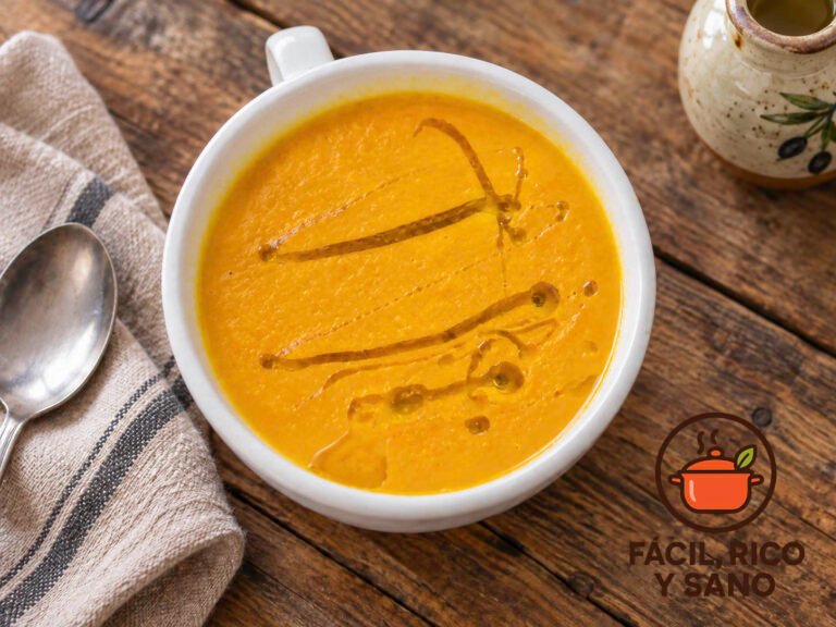 Crema de calabaza y jengibre servida en un cuenco blanco con un hilo de aceite de oliva