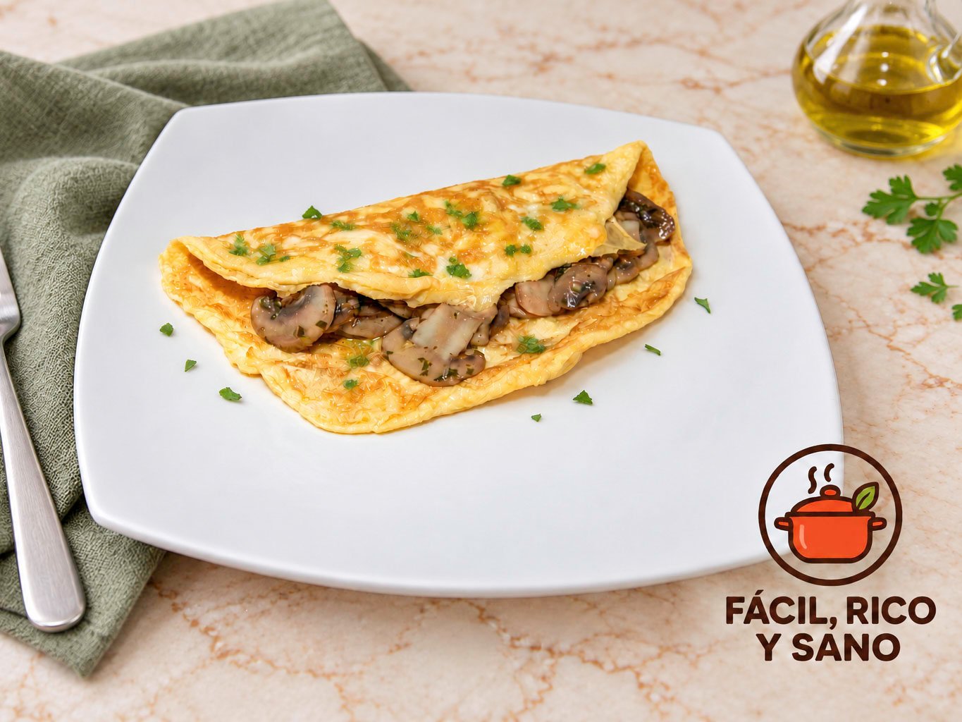 Tortilla francesa rellena de champiñones salteados con perejil
