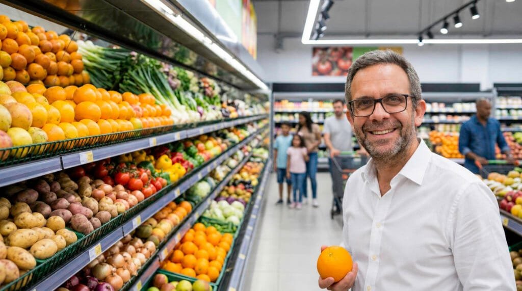 Hombre con camisa blanca comprando en supermercado.